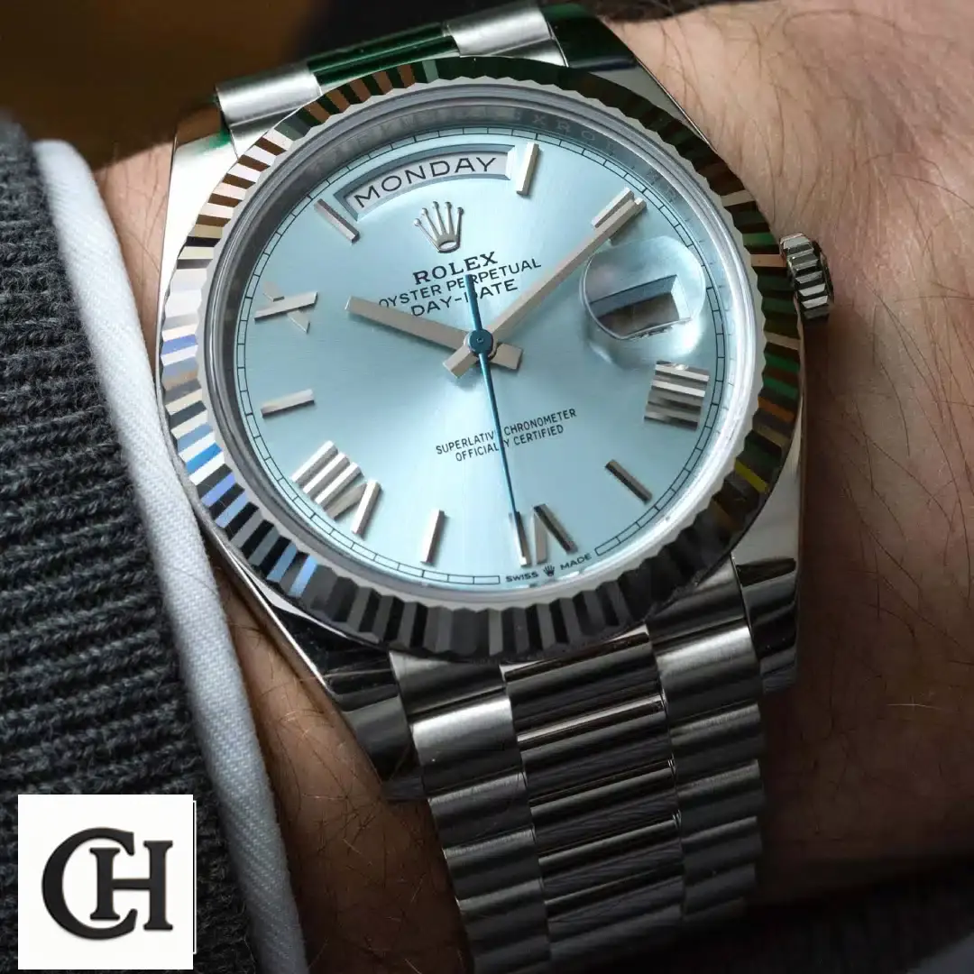 Rolex Day-Date 228236 Rolex Day Date 228236 Ice Blue Grooved on is arm