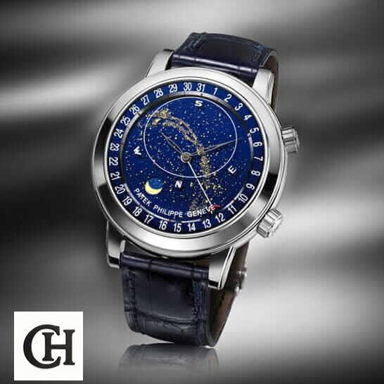Patek Philippe Celestial 6102P-001 Patek Philippe Celestial Grand 6102 Leather Blue Bracelet grey background